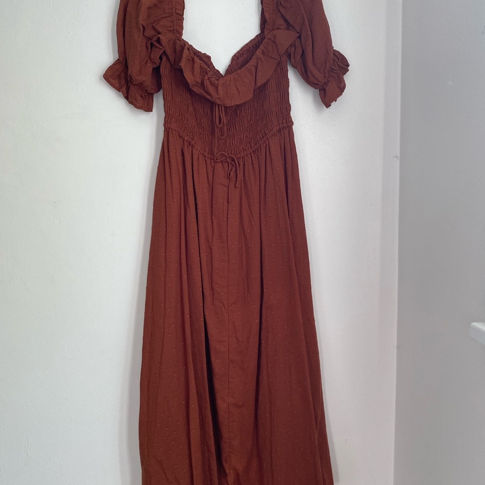 Burnt Orange Maxi Sundress with Sweetheart Neckline and Puff Sleeves